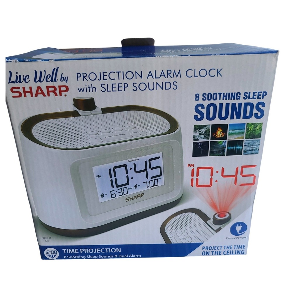 Projection Alarm Clock Sounds Therapy Sharp Live Well‎ SPC585 White Gold